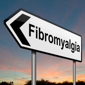 illustration depicting a roadsign with a fibromyalgia concept. sunset sky background.